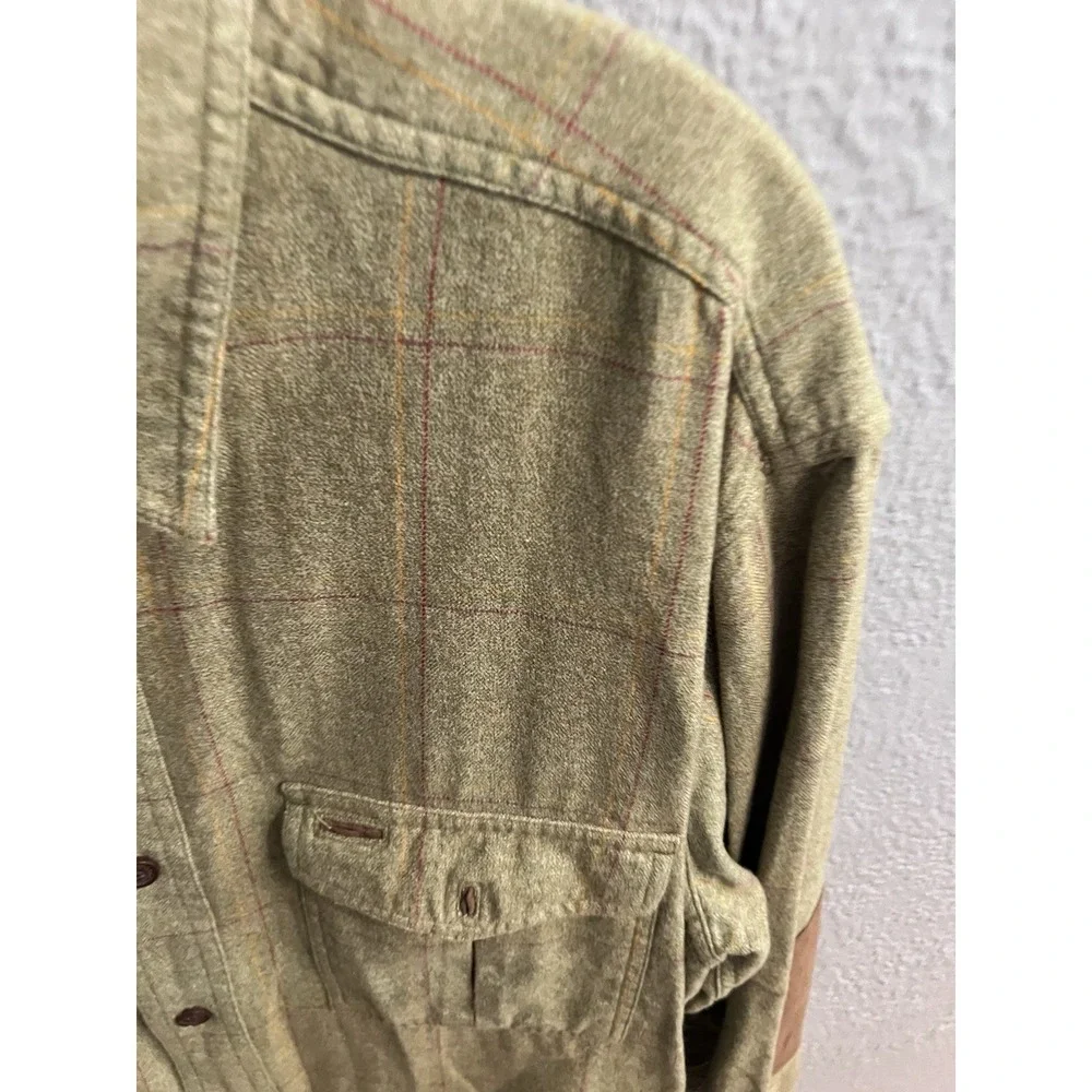Orvis Long Sleeve Shirt Green Window Pane Suede Elbow Men Size Large - Picture 2 of 7